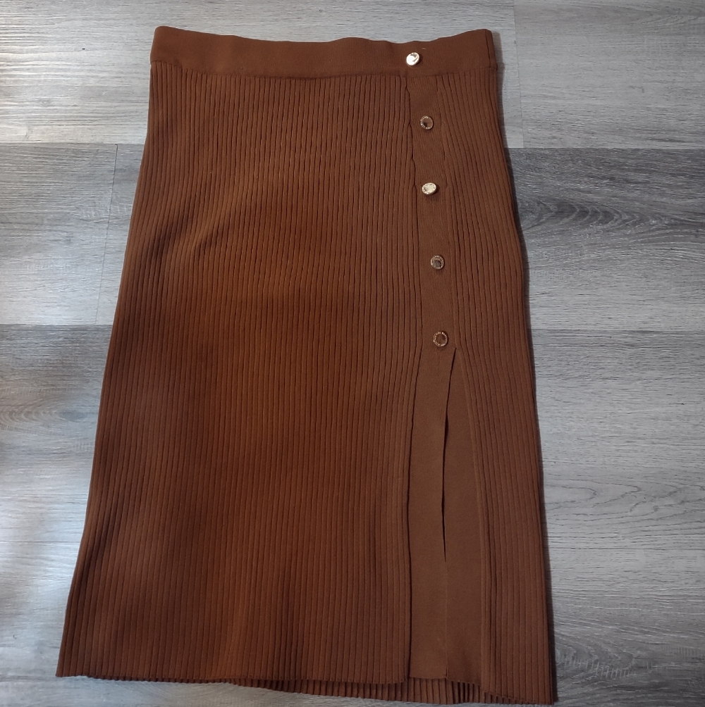 Marc New York Brown Button Ribbed Midi Skirt